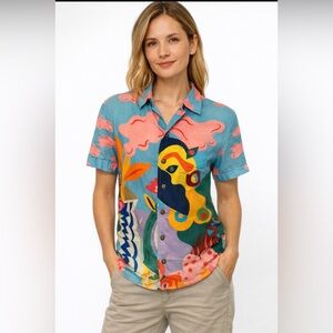 MIRANDA MAKAROFF Desigual Blouse Size S Button Down Short Sleeves Colourful